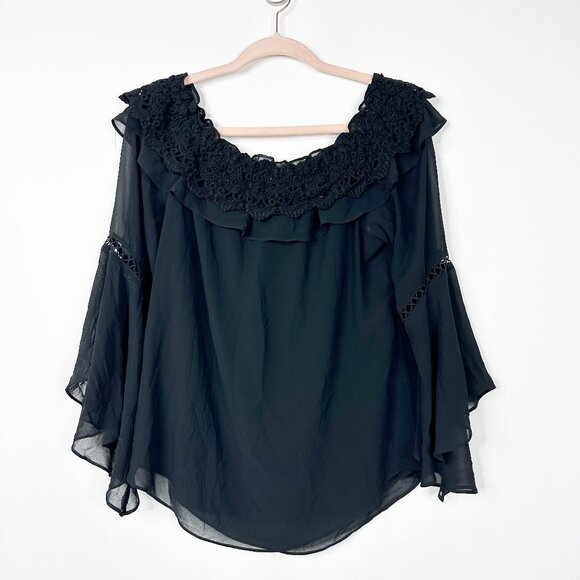 2/$30 White House Black Market Sheer Off-the-Shoulder Ruffle Blouse Large #A0406 - Picture 3 of 8